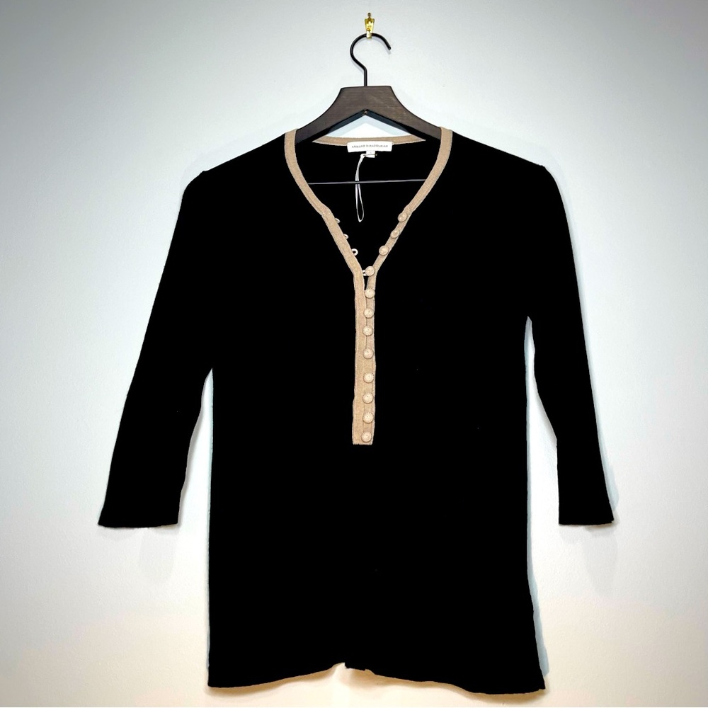 NWOT ARMAND DIRADOURIAN Women's Silk Cashmere Black Sweater Tan Trim Size Small